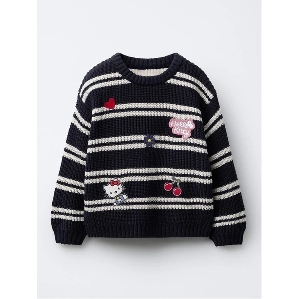 Zara Kids x Hello Kitty Girls Striped Patch Sweater Size 5 Navy Cream Sanrio